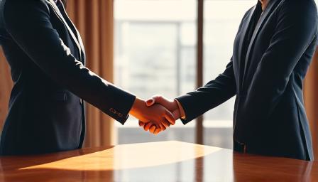 Professional handshake in a glass-walled office