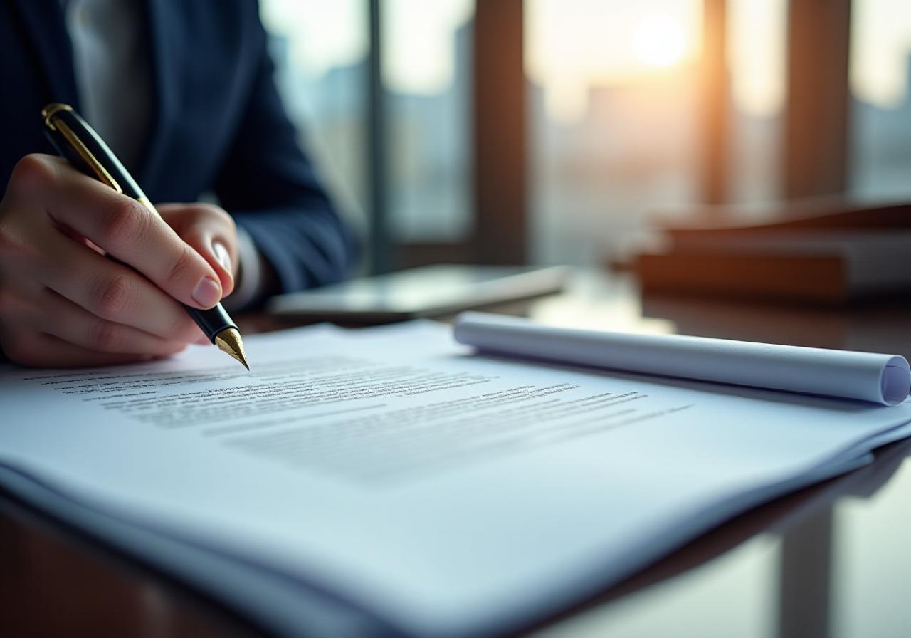 Close-up of a legal professional reviewing a high-quality bespoke contract in a modern London office