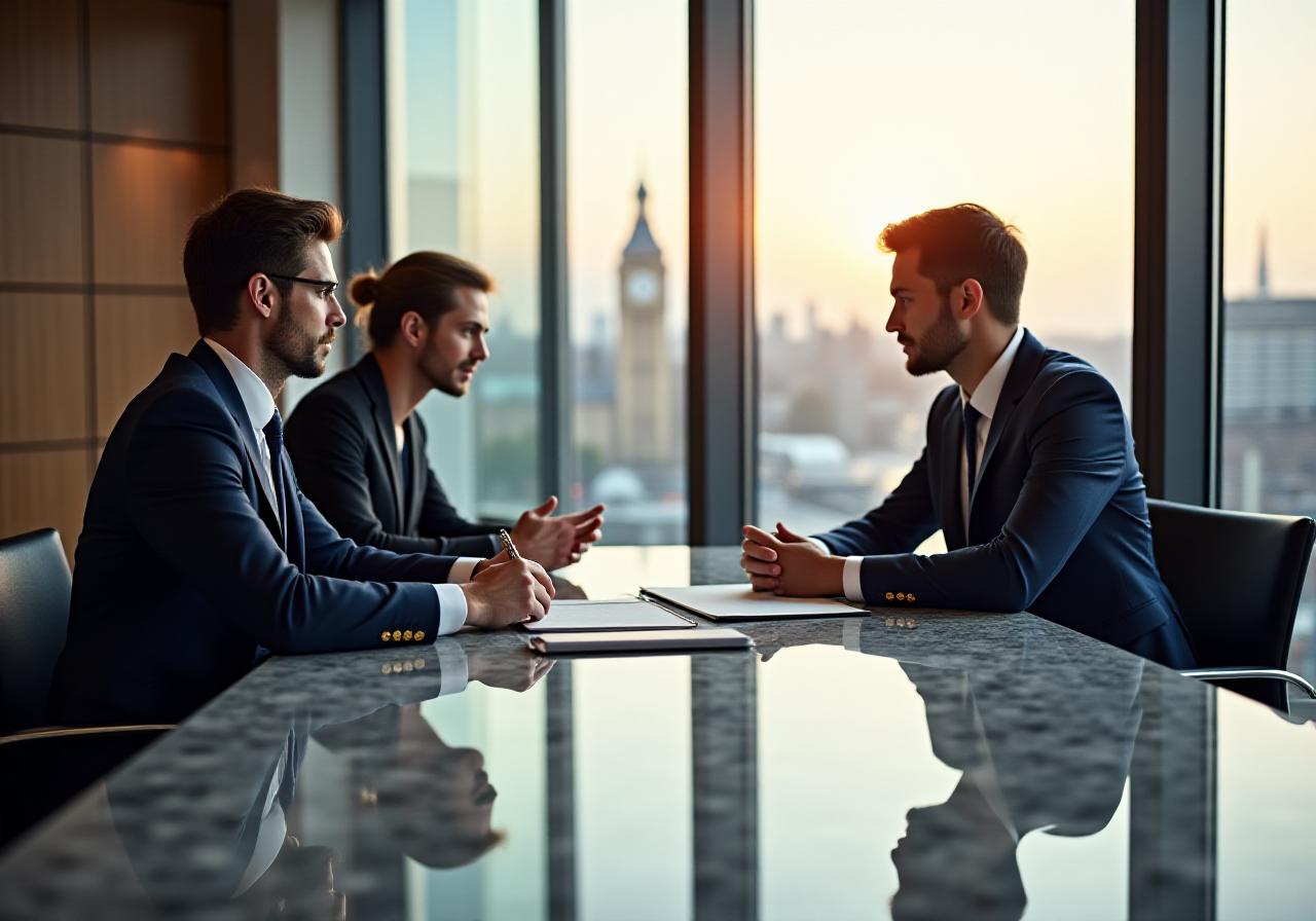 Two professionals in a modern London office engaged in a focused commercial negotiation