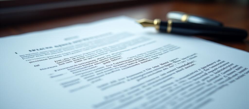 Close-up of a structured legal contract with a fountain pen on high-quality paper